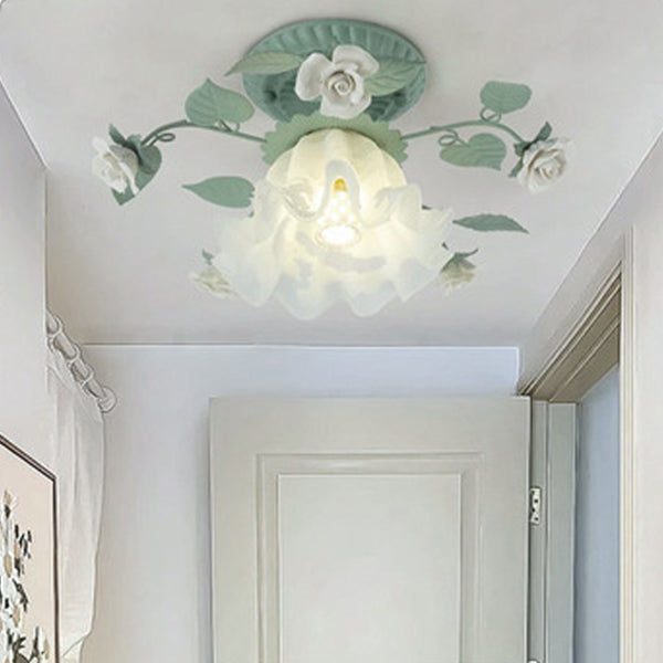 Luz de techo empotrada de 1 luz con pantalla de vidrio cerámico de hierro con hoja de campanilla francesa tradicional para sala de estar 