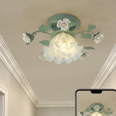 Luz de techo empotrada de 1 luz con pantalla de vidrio cerámico de hierro con hoja de campanilla francesa tradicional para sala de estar 