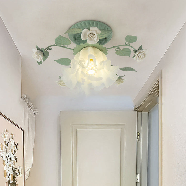 Traditional French Bellflower Leaf Iron Ceramic Glass Shade 1-Light Semi-Flush Mount Ceiling Light For Living Room
