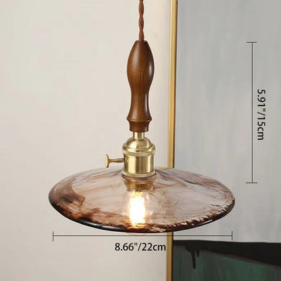 Lustre suspendu traditionnel vintage rond en bois avec abat-jour en verre et laiton à 1 lumière pour salon 