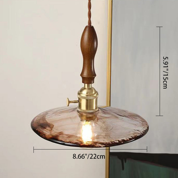 Lustre suspendu traditionnel vintage rond en bois avec abat-jour en verre et laiton à 1 lumière pour salon 