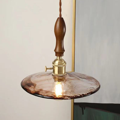 Lustre suspendu traditionnel vintage rond en bois avec abat-jour en verre et laiton à 1 lumière pour salon 