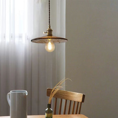 Lustre suspendu traditionnel vintage rond en bois avec abat-jour en verre et laiton à 1 lumière pour salon 