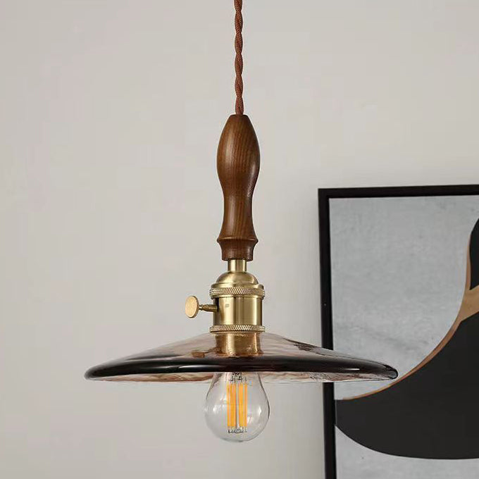 Lustre suspendu traditionnel vintage rond en bois avec abat-jour en verre et laiton à 1 lumière pour salon 