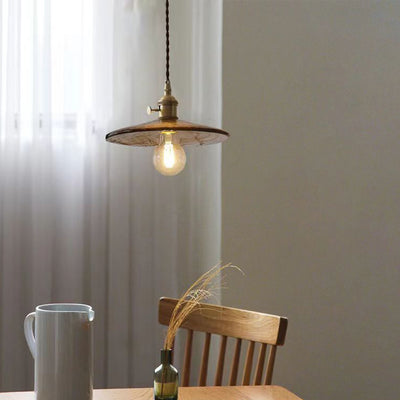 Lustre suspendu traditionnel vintage rond en bois avec abat-jour en verre et laiton à 1 lumière pour salon 