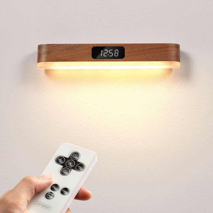 Moderne minimalistische wiederaufladbare rechteckige Uhr aus Massivholz Metall Kunststoff LED Wandleuchte für Schlafzimmer 