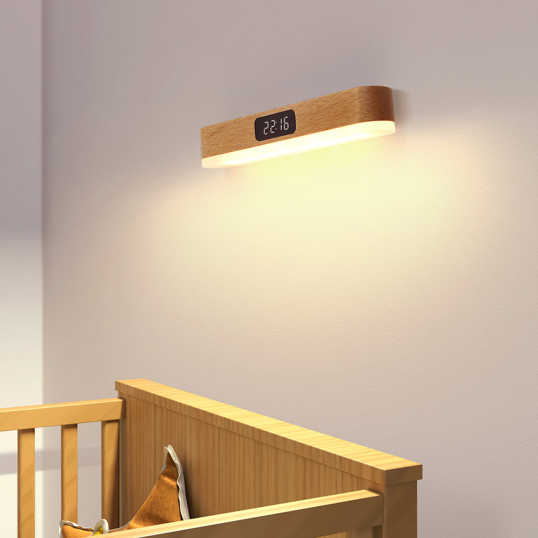 Moderne minimalistische wiederaufladbare rechteckige Uhr aus Massivholz Metall Kunststoff LED Wandleuchte für Schlafzimmer 