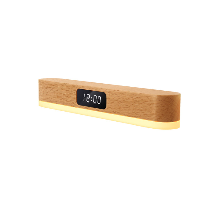 Moderne minimalistische wiederaufladbare rechteckige Uhr aus Massivholz Metall Kunststoff LED Wandleuchte für Schlafzimmer 