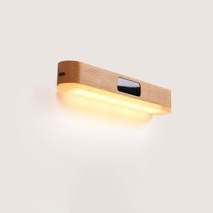 Moderne minimalistische wiederaufladbare rechteckige Uhr aus Massivholz Metall Kunststoff LED Wandleuchte für Schlafzimmer 