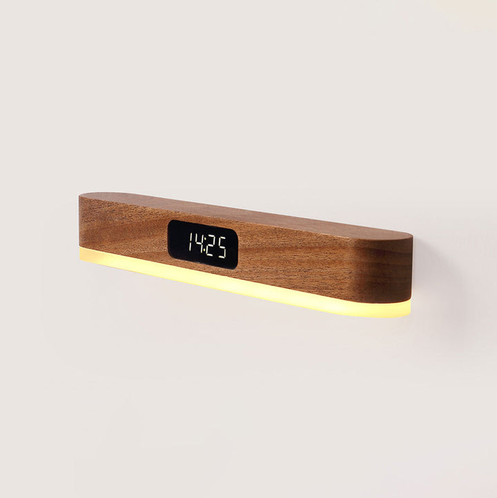 Moderne minimalistische wiederaufladbare rechteckige Uhr aus Massivholz Metall Kunststoff LED Wandleuchte für Schlafzimmer 