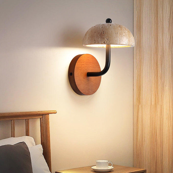 Applique murale LED en forme de champignon rond demi-rond traditionnel japonais avec cadre en bois travertin jaune et abat-jour en acrylique pour chambre à coucher 