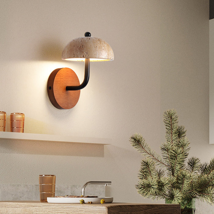 Applique murale LED en forme de champignon rond demi-rond traditionnel japonais avec cadre en bois travertin jaune et abat-jour en acrylique pour chambre à coucher 