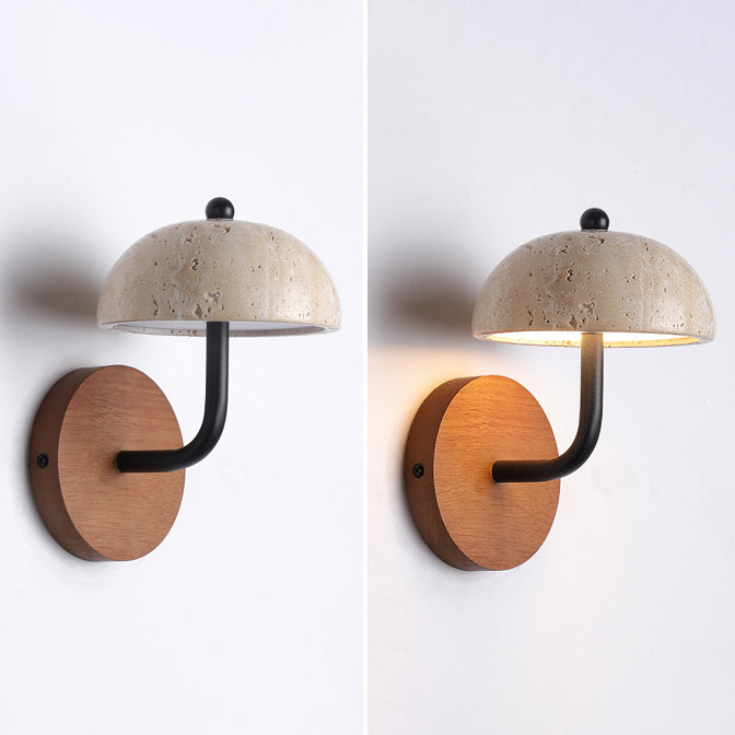 Applique murale LED en forme de champignon rond demi-rond traditionnel japonais avec cadre en bois travertin jaune et abat-jour en acrylique pour chambre à coucher 