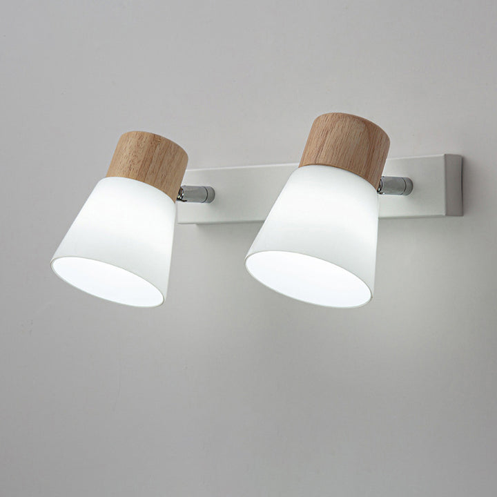Aplique de pared contemporáneo nórdico de forma redonda con cuerno de metal, madera y pantalla de vidrio de 1/2 luces para dormitorio 