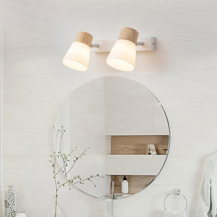 Aplique de pared contemporáneo nórdico de forma redonda con cuerno de metal, madera y pantalla de vidrio de 1/2 luces para dormitorio 
