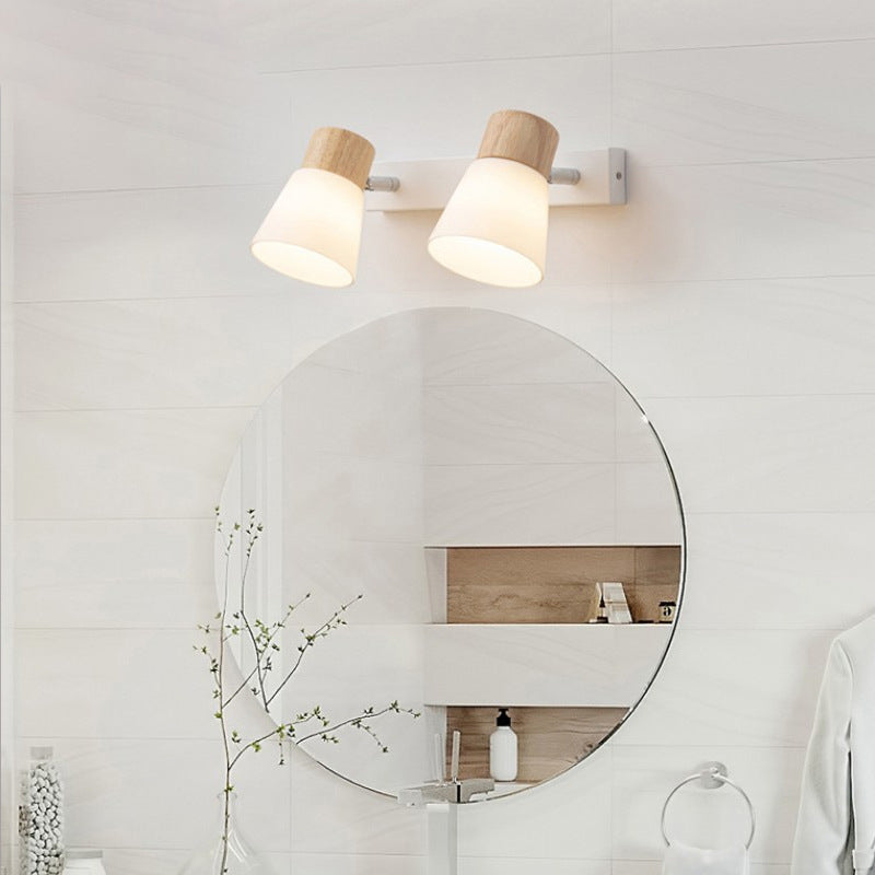 Aplique de pared contemporáneo nórdico de forma redonda con cuerno de metal, madera y pantalla de vidrio de 1/2 luces para dormitorio 