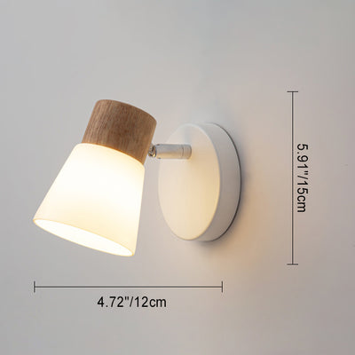 Aplique de pared contemporáneo nórdico de forma redonda con cuerno de metal, madera y pantalla de vidrio de 1/2 luces para dormitorio 