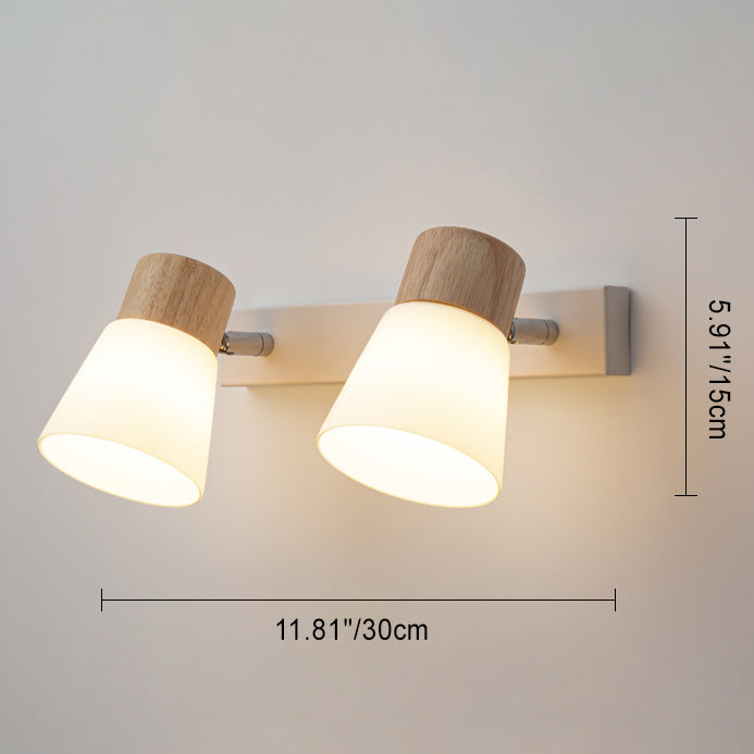 Aplique de pared contemporáneo nórdico de forma redonda con cuerno de metal, madera y pantalla de vidrio de 1/2 luces para dormitorio 