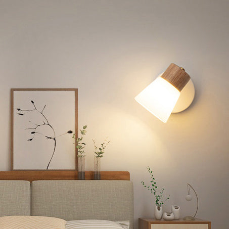 Aplique de pared contemporáneo nórdico de forma redonda con cuerno de metal, madera y pantalla de vidrio de 1/2 luces para dormitorio 
