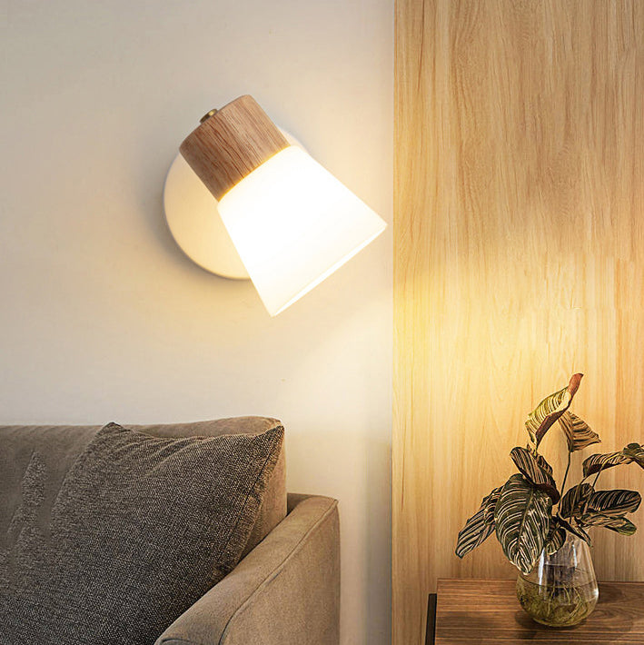 Aplique de pared contemporáneo nórdico de forma redonda con cuerno de metal, madera y pantalla de vidrio de 1/2 luces para dormitorio 