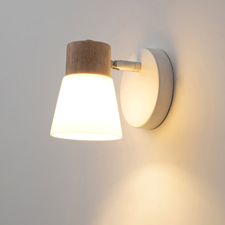 Aplique de pared contemporáneo nórdico de forma redonda con cuerno de metal, madera y pantalla de vidrio de 1/2 luces para dormitorio 