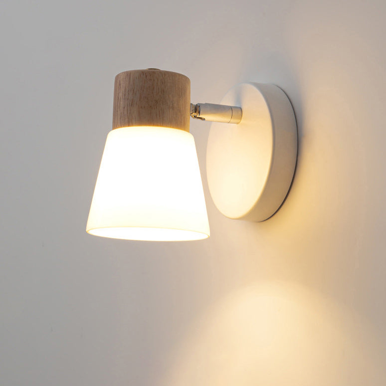 Aplique de pared contemporáneo nórdico de forma redonda con cuerno de metal, madera y pantalla de vidrio de 1/2 luces para dormitorio 