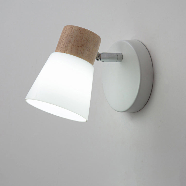 Aplique de pared contemporáneo nórdico de forma redonda con cuerno de metal, madera y pantalla de vidrio de 1/2 luces para dormitorio 
