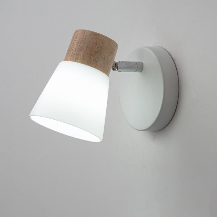 Aplique de pared contemporáneo nórdico de forma redonda con cuerno de metal, madera y pantalla de vidrio de 1/2 luces para dormitorio 