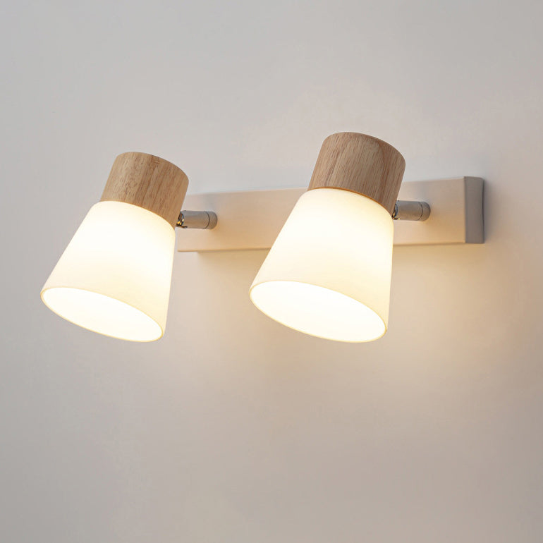 Aplique de pared contemporáneo nórdico de forma redonda con cuerno de metal, madera y pantalla de vidrio de 1/2 luces para dormitorio 