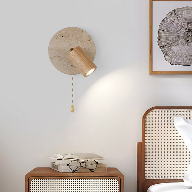 Aplique de pared LED con pantalla de madera, travertino amarillo, metal, cilindro redondo japonés tradicional para sala de estar 