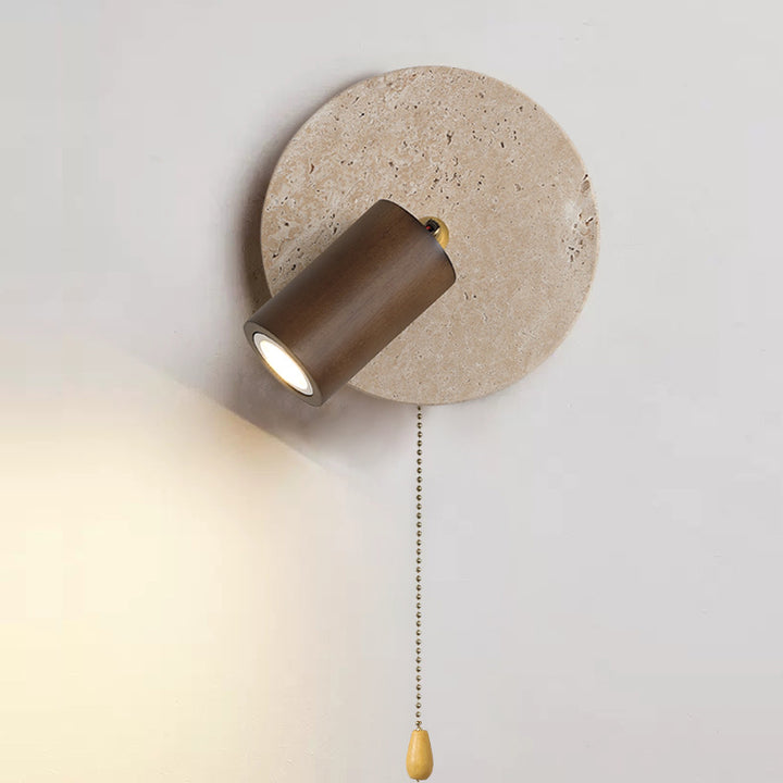 Aplique de pared LED con pantalla de madera, travertino amarillo, metal, cilindro redondo japonés tradicional para sala de estar 