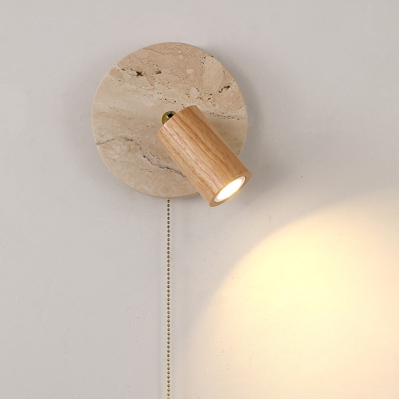 Aplique de pared LED con pantalla de madera, travertino amarillo, metal, cilindro redondo japonés tradicional para sala de estar 