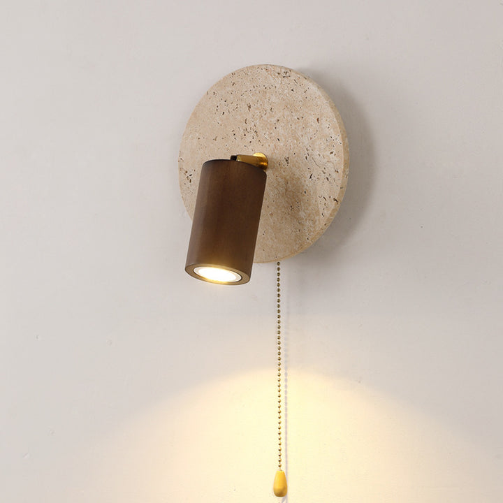 Aplique de pared LED con pantalla de madera, travertino amarillo, metal, cilindro redondo japonés tradicional para sala de estar 