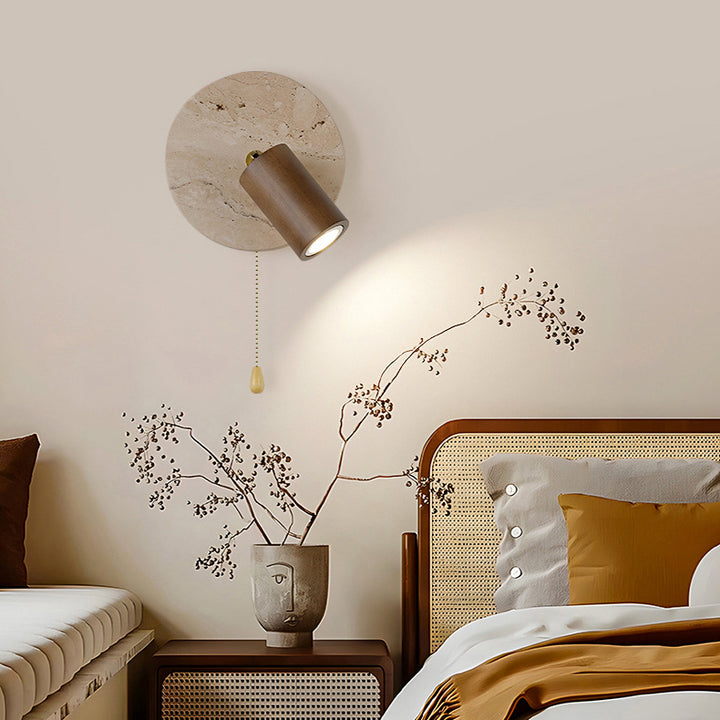 Aplique de pared LED con pantalla de madera, travertino amarillo, metal, cilindro redondo japonés tradicional para sala de estar 