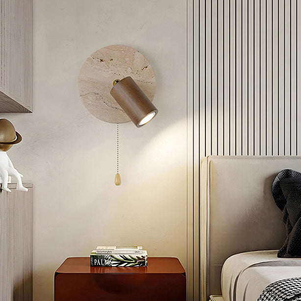 Aplique de pared LED con pantalla de madera, travertino amarillo, metal, cilindro redondo japonés tradicional para sala de estar 
