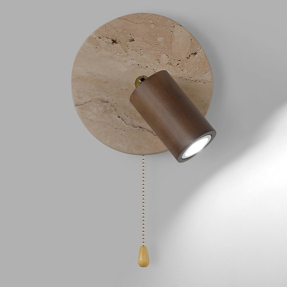Aplique de pared LED con pantalla de madera, travertino amarillo, metal, cilindro redondo japonés tradicional para sala de estar 