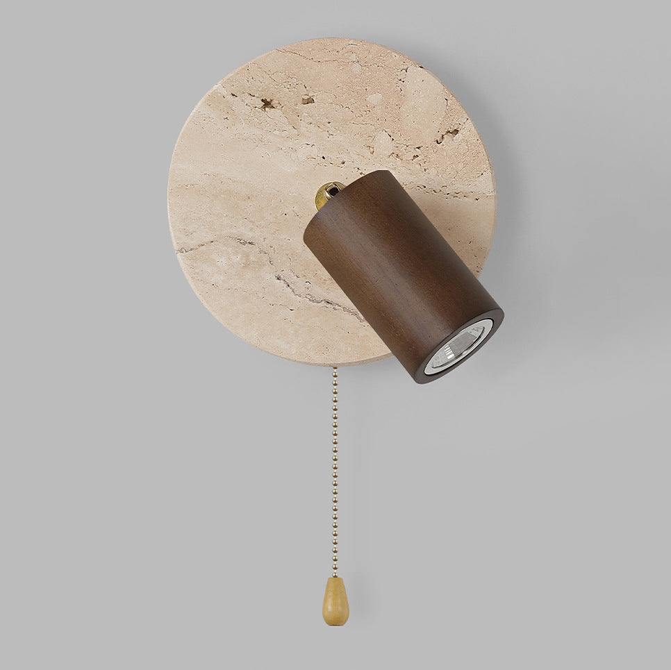 Aplique de pared LED con pantalla de madera, travertino amarillo, metal, cilindro redondo japonés tradicional para sala de estar 