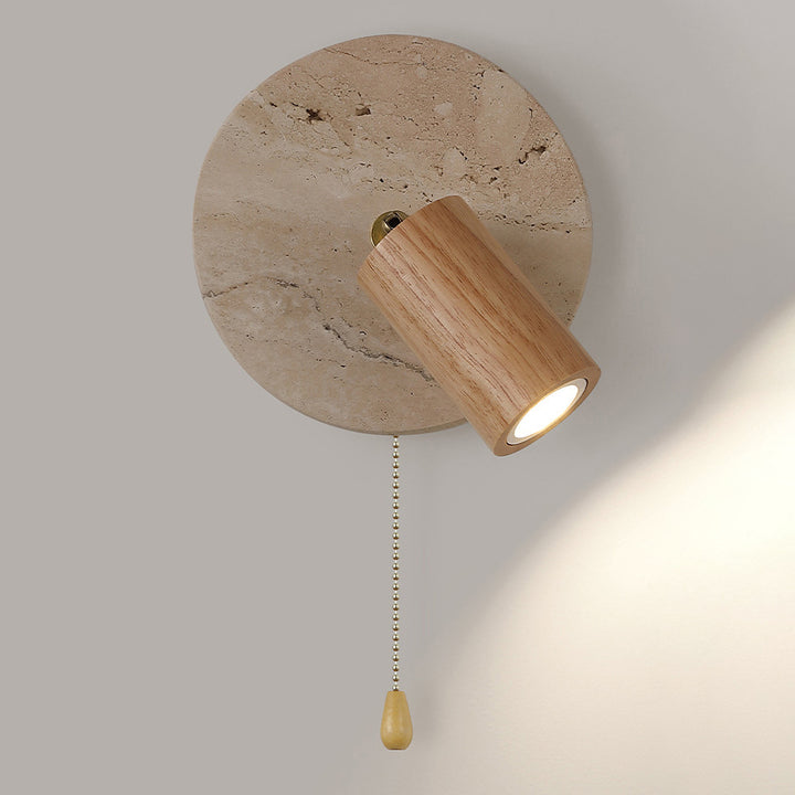 Aplique de pared LED con pantalla de madera, travertino amarillo, metal, cilindro redondo japonés tradicional para sala de estar 