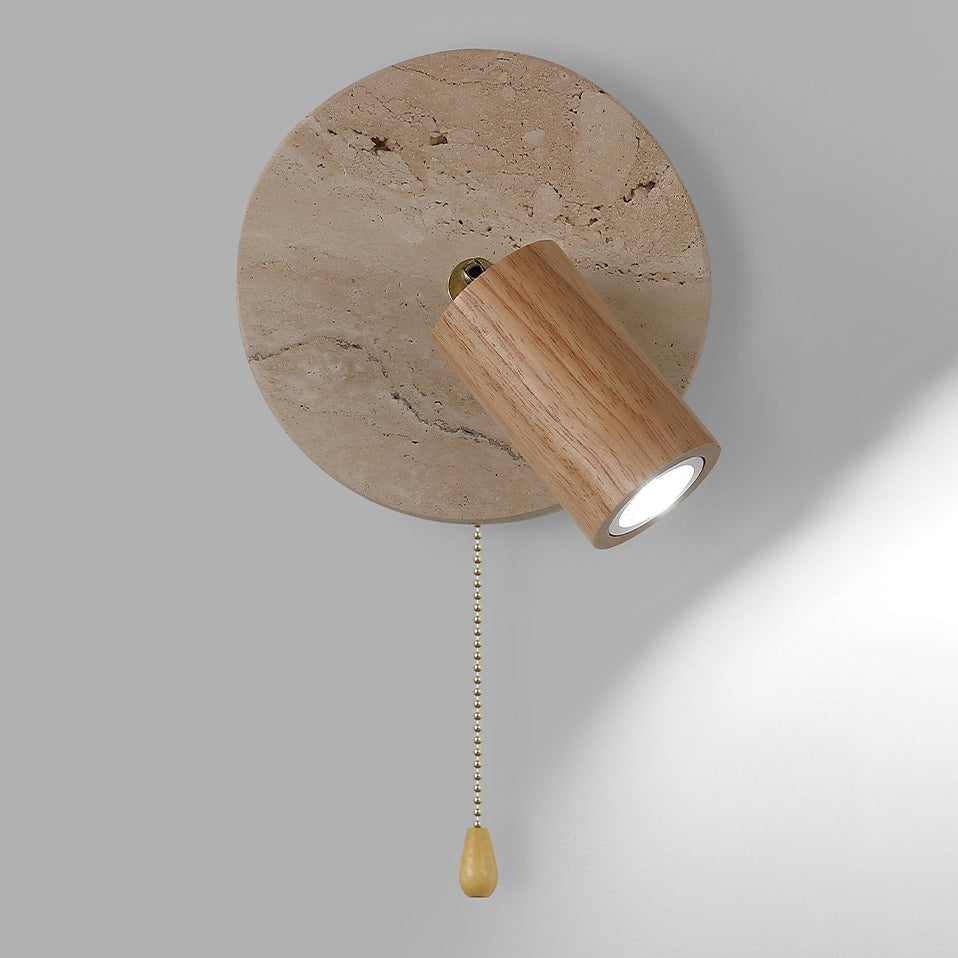 Aplique de pared LED con pantalla de madera, travertino amarillo, metal, cilindro redondo japonés tradicional para sala de estar 