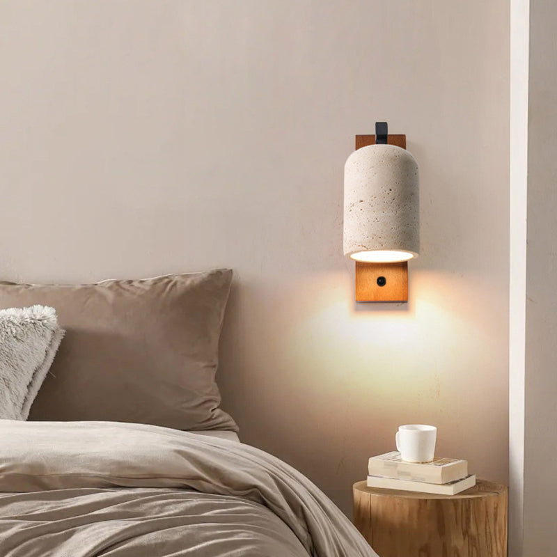 Traditionelle japanische Zylinder-Rechteck-Massivholz-Rückwand Gelber Travertinschirm 1-Licht-Wandleuchte für das Schlafzimmer 
