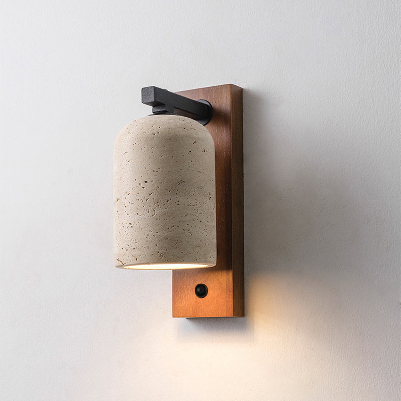 伝統的な日本のシリンダー長方形無垢材バックボードイエロートラバーチンシェード1灯ウォールスコンスランプ寝室用 