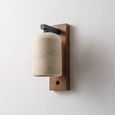 伝統的な日本のシリンダー長方形無垢材バックボードイエロートラバーチンシェード1灯ウォールスコンスランプ寝室用 