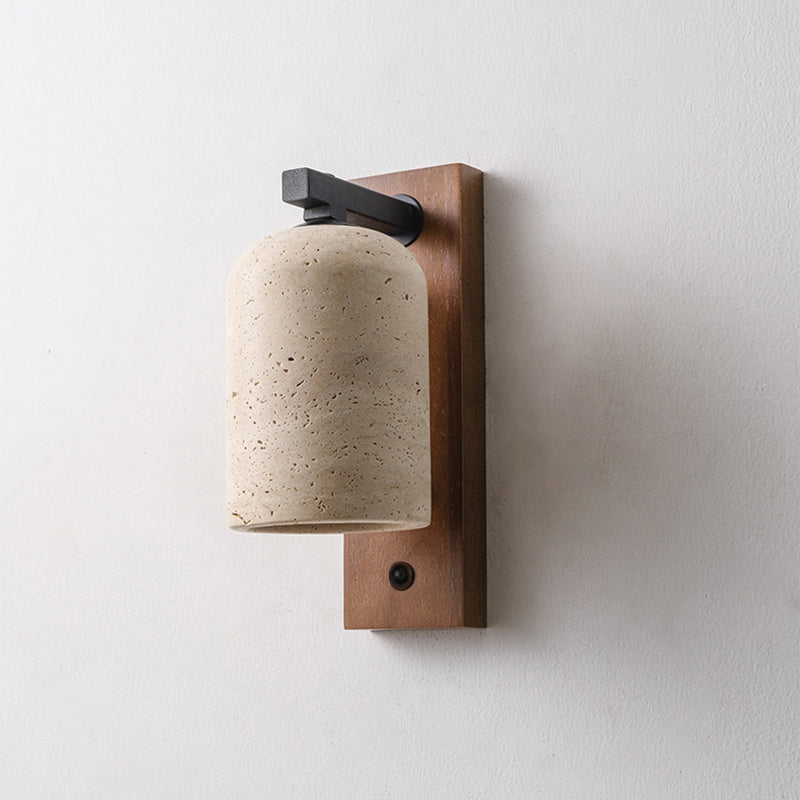 伝統的な日本のシリンダー長方形無垢材バックボードイエロートラバーチンシェード1灯ウォールスコンスランプ寝室用 