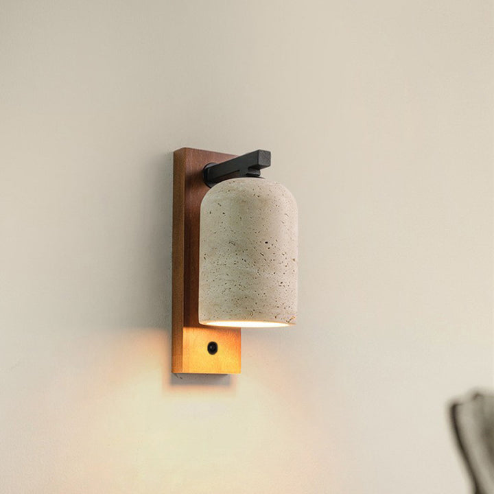 Traditionelle japanische Zylinder-Rechteck-Massivholz-Rückwand Gelber Travertinschirm 1-Licht-Wandleuchte für das Schlafzimmer 