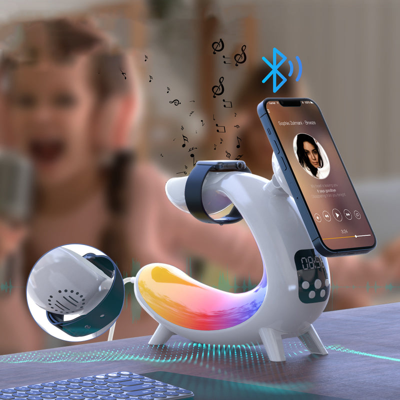 Zeitgenössische kreative Arch Multifunktionslautsprecheruhr ABS LED Tischlampe für das Schlafzimmer 