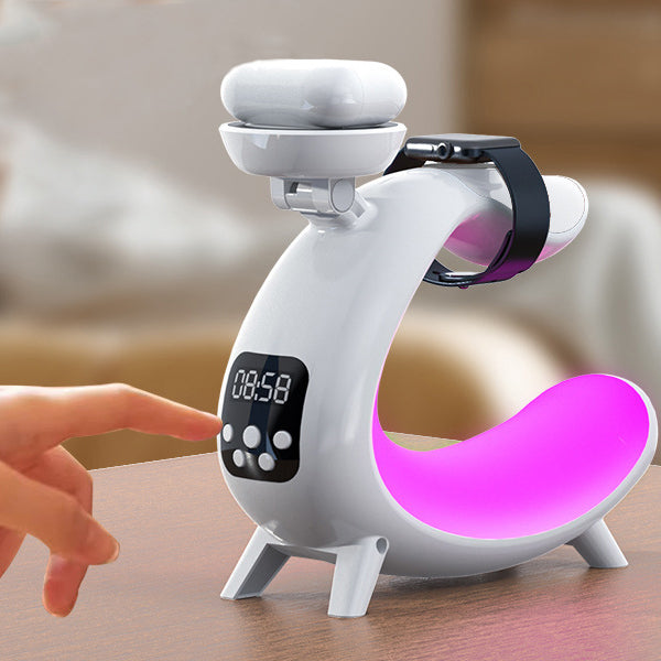 Zeitgenössische kreative Arch Multifunktionslautsprecheruhr ABS LED Tischlampe für das Schlafzimmer 
