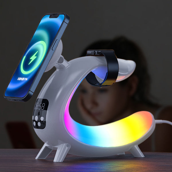 Zeitgenössische kreative Arch Multifunktionslautsprecheruhr ABS LED Tischlampe für das Schlafzimmer 