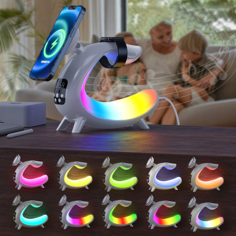 Zeitgenössische kreative Arch Multifunktionslautsprecheruhr ABS LED Tischlampe für das Schlafzimmer 