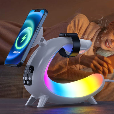Zeitgenössische kreative Arch Multifunktionslautsprecheruhr ABS LED Tischlampe für das Schlafzimmer 