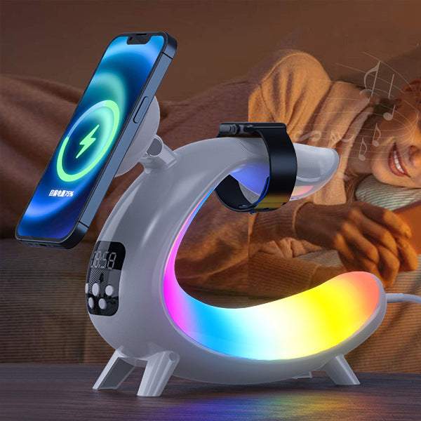 Zeitgenössische kreative Arch Multifunktionslautsprecheruhr ABS LED Tischlampe für das Schlafzimmer 